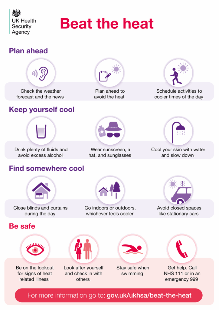 UKHSA Beat the Heat advice: plan ahead, keep cool, find somewhere cool, and stay safe in hot weather